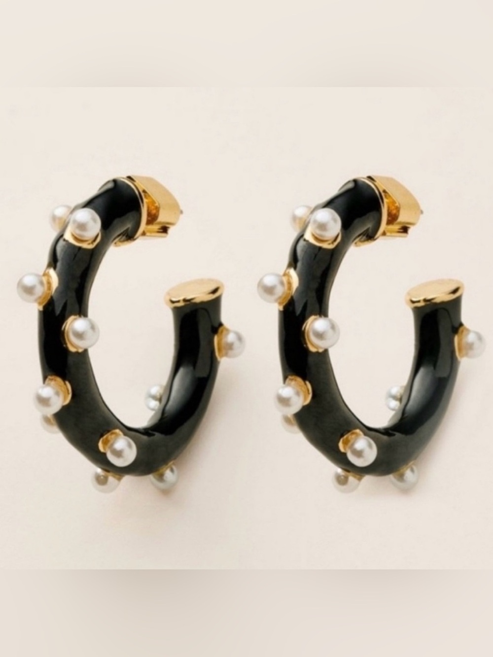 Black Enamel Hoop Earrings with Pearl Accents